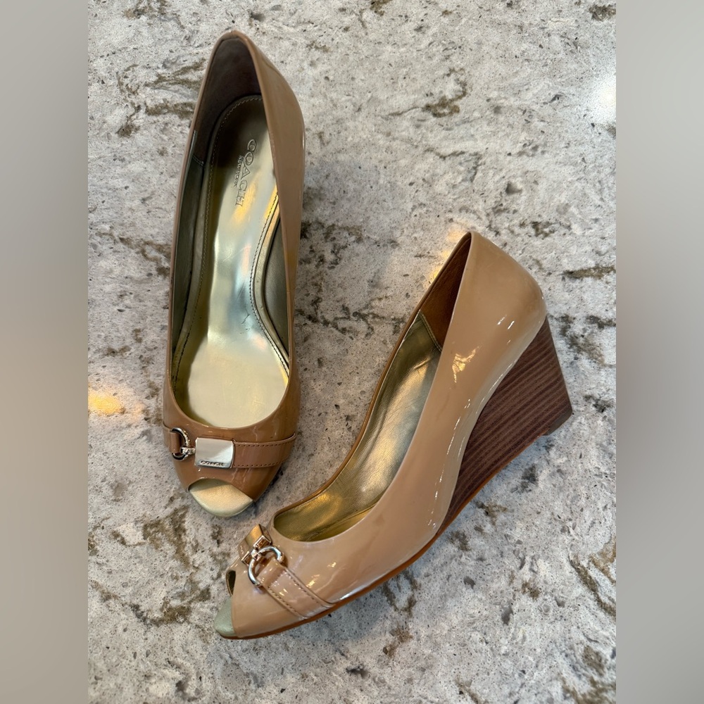 Coach Women's Beige Patent Wedge Peep Toe Shoes